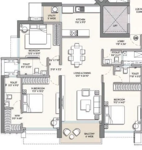 Vaastu-compliant layout in 3, 4BHK apartment at The Address by GS, Raymond Realty Wadala.